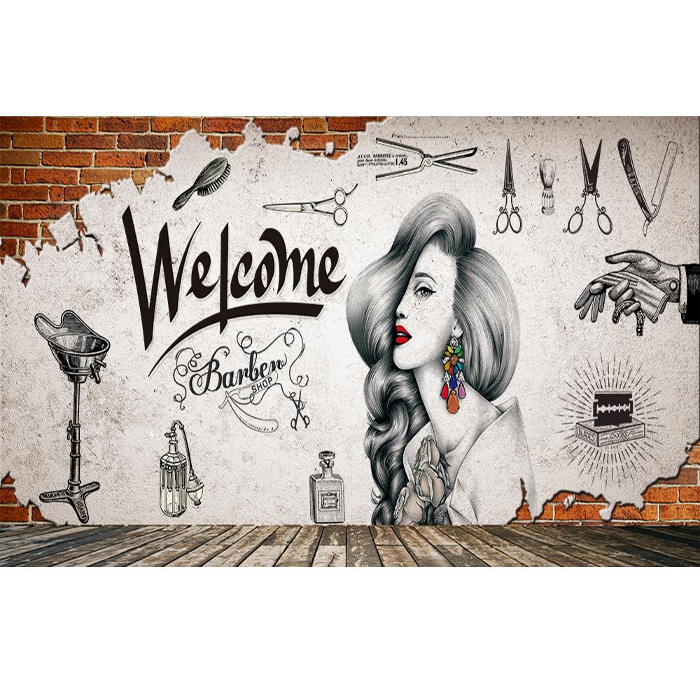 3d Hand-Painted Hair Salon Wall Paper Hair Cut Mural Retro Barber Shop Background Wallpaper 3d Industrial Decor