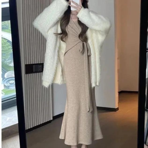 

2023 High-end Knit Sweater Dress Set for Women - Autumn/Winter Long Style L