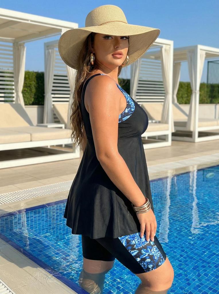 Plus Size Blue & White Floral Tankini Swim Skirt Set