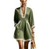 Women's Lace Trim V-Neck Cotton Linen Short Dress with Three-Quarter Sleeves Loose Fit