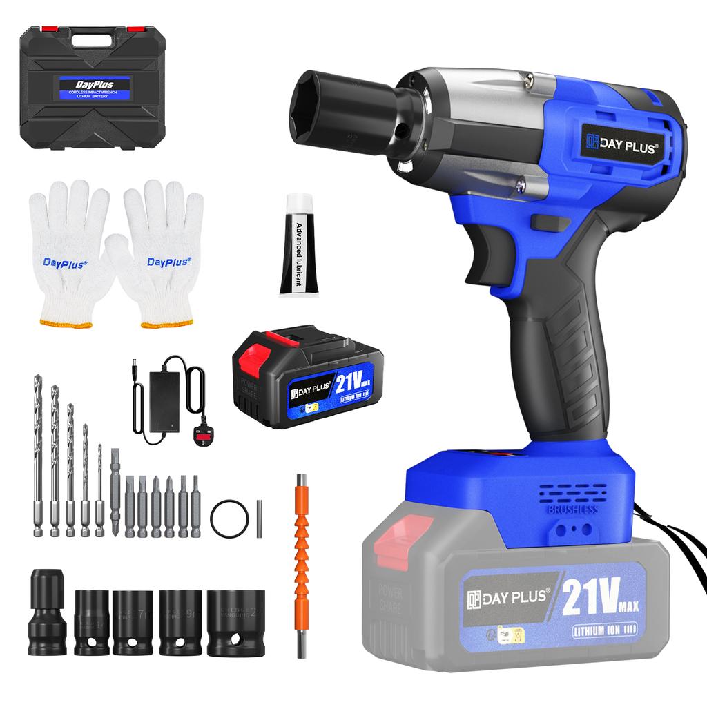 DayPlus Cordless Impact Wrench 1/2 Inch, Brushless Impact Gun 450N.m High Torque, 3200rpm Variable Speed with 4 Socket Sets