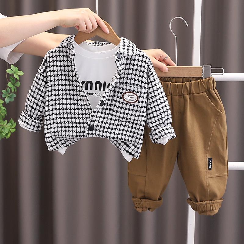 2025 Autumn Boys' Houndstooth Long Sleeve Three-Piece Set with Casual Denim Pants
