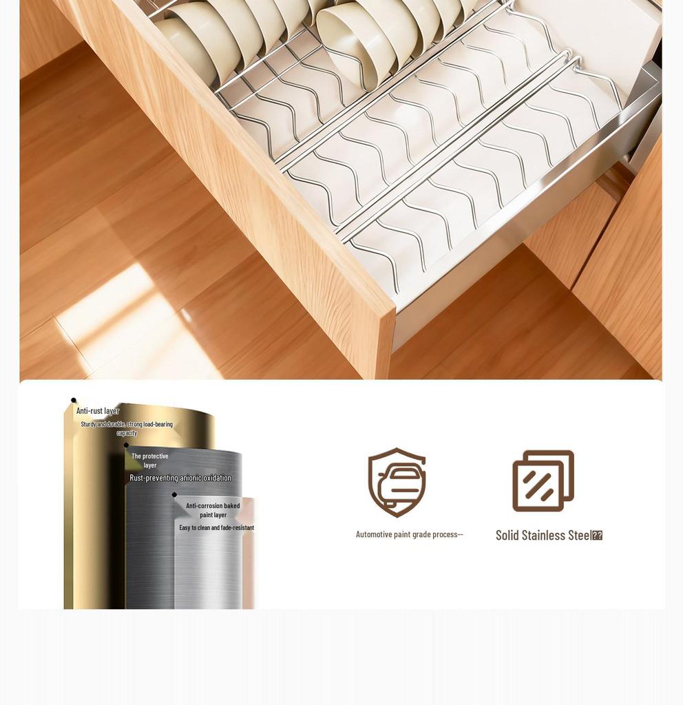 Built-in Kitchen Dish Rack with Drawer Divider for Chopsticks, Spoons, Bowls, and Plates.