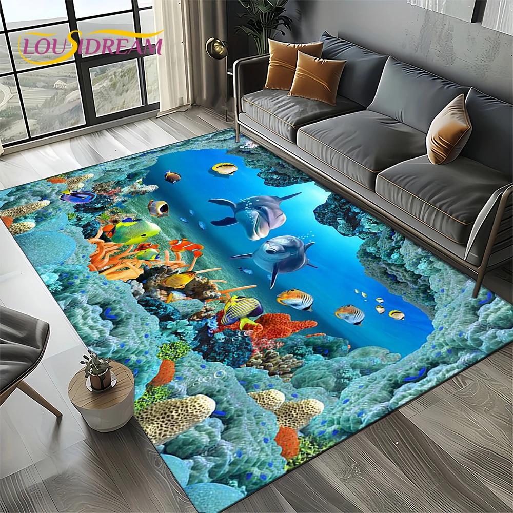 Underwater World 3D Illusion Seabed Cartoon Shark Dolphin Carpet Rug for Living Room Bedroom Home Sofa Decoration,Floor Mat Kid