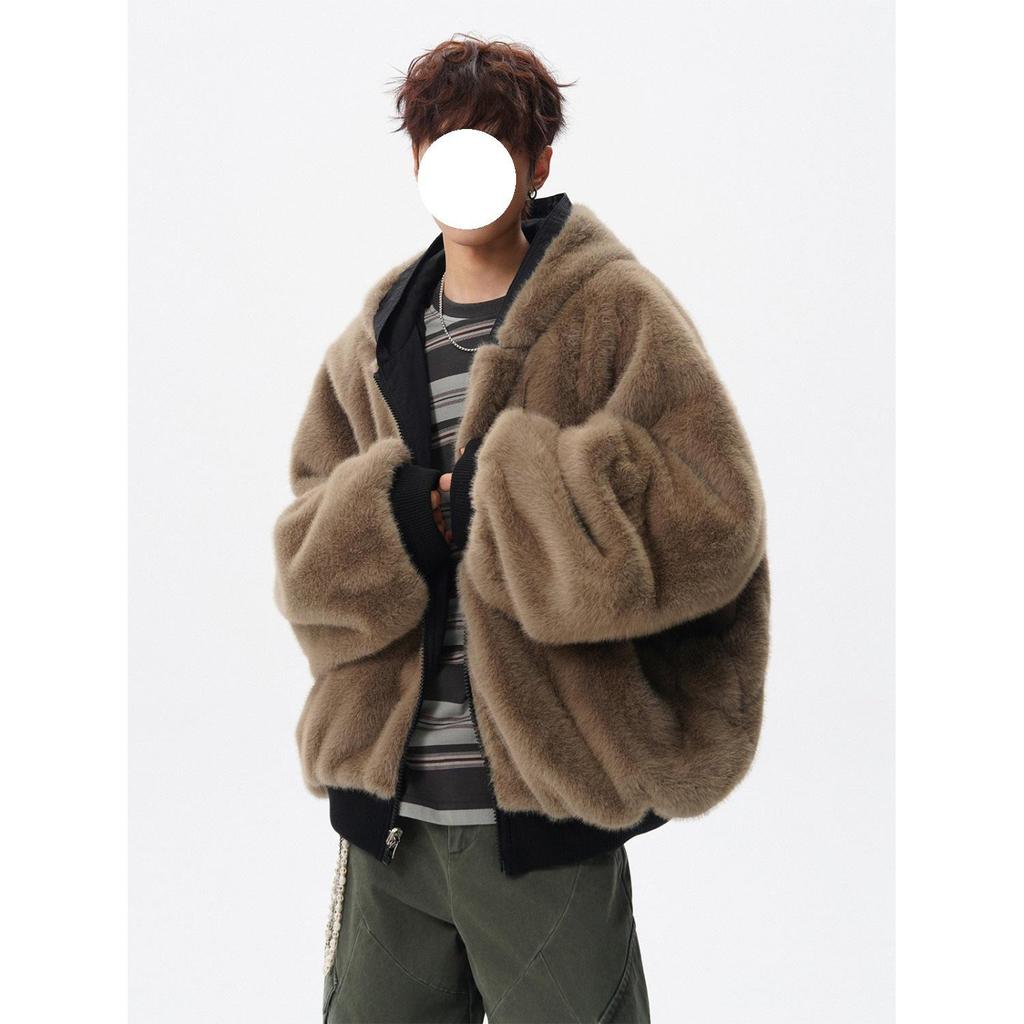Trendy Reversible Rabbit Fur-Style Cotton Jacket - Men's Winter Retro Cool Hooded Coat, Versatile & Warm for Couples