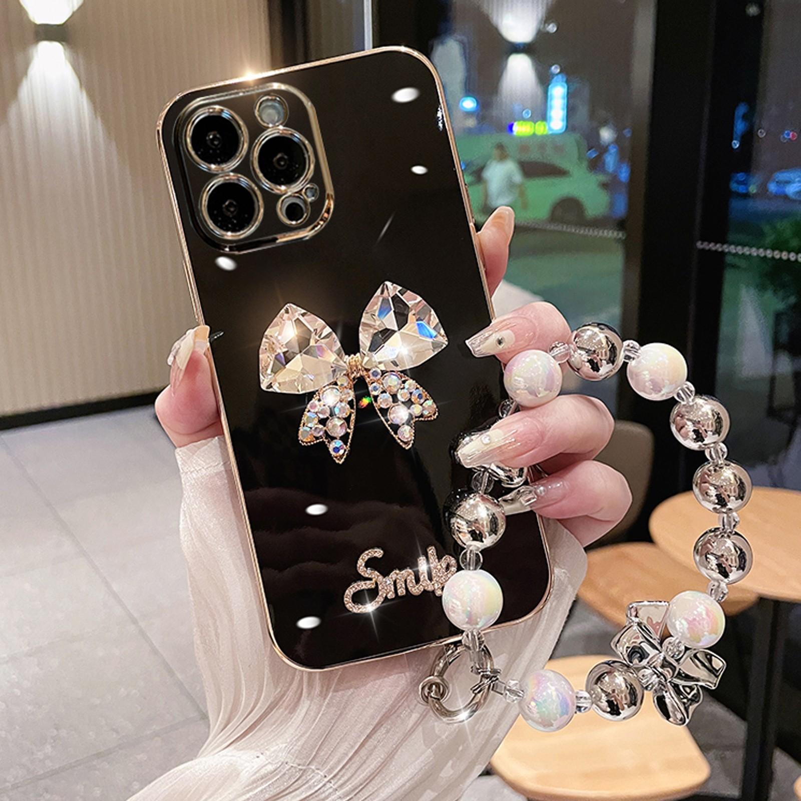 

3D Crystal Diamond Bow Smile Strap Plating Phone Case For iphone 15 14 12 Max MiNi 11 13 Pro X XS XR 6 S 7 8 Plus SE Cover IPHONE 7 8 чорний