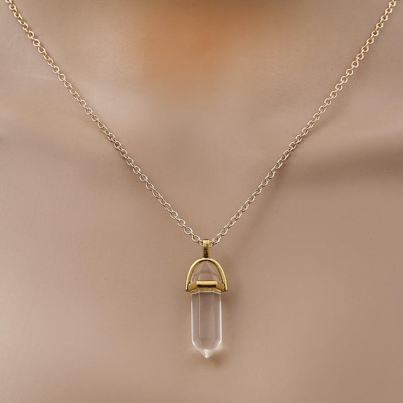 Fashion Quartz Crystal Necklace Chakra Rose Bule Purple Natural Stone Pendant Necklace Hexagonal Bullet Reiki Hippie Necklace
