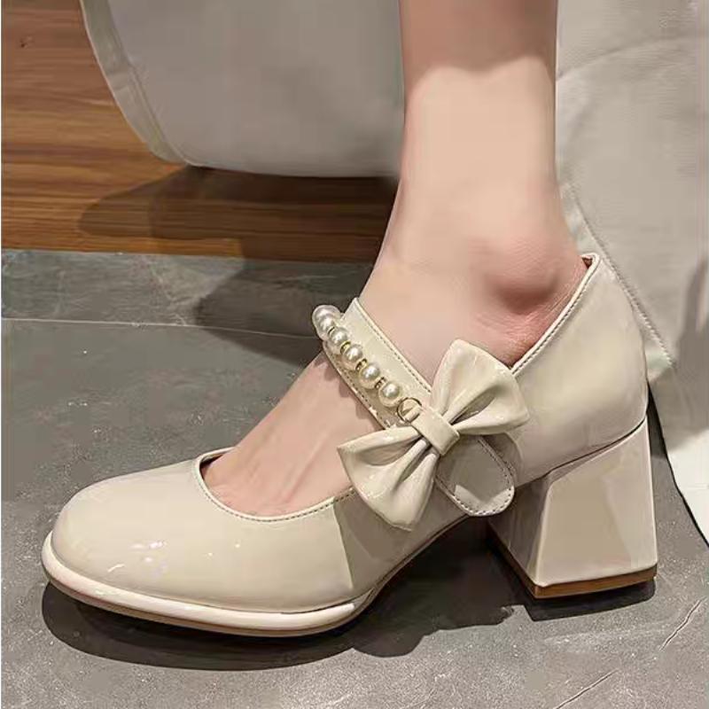 

Fashion 2025 New Luxury Platform Beads Bowknot Wedding Dating Shoes Spring Women Mary Janes Pumps Round Toe Block Heels 35 бежевый
