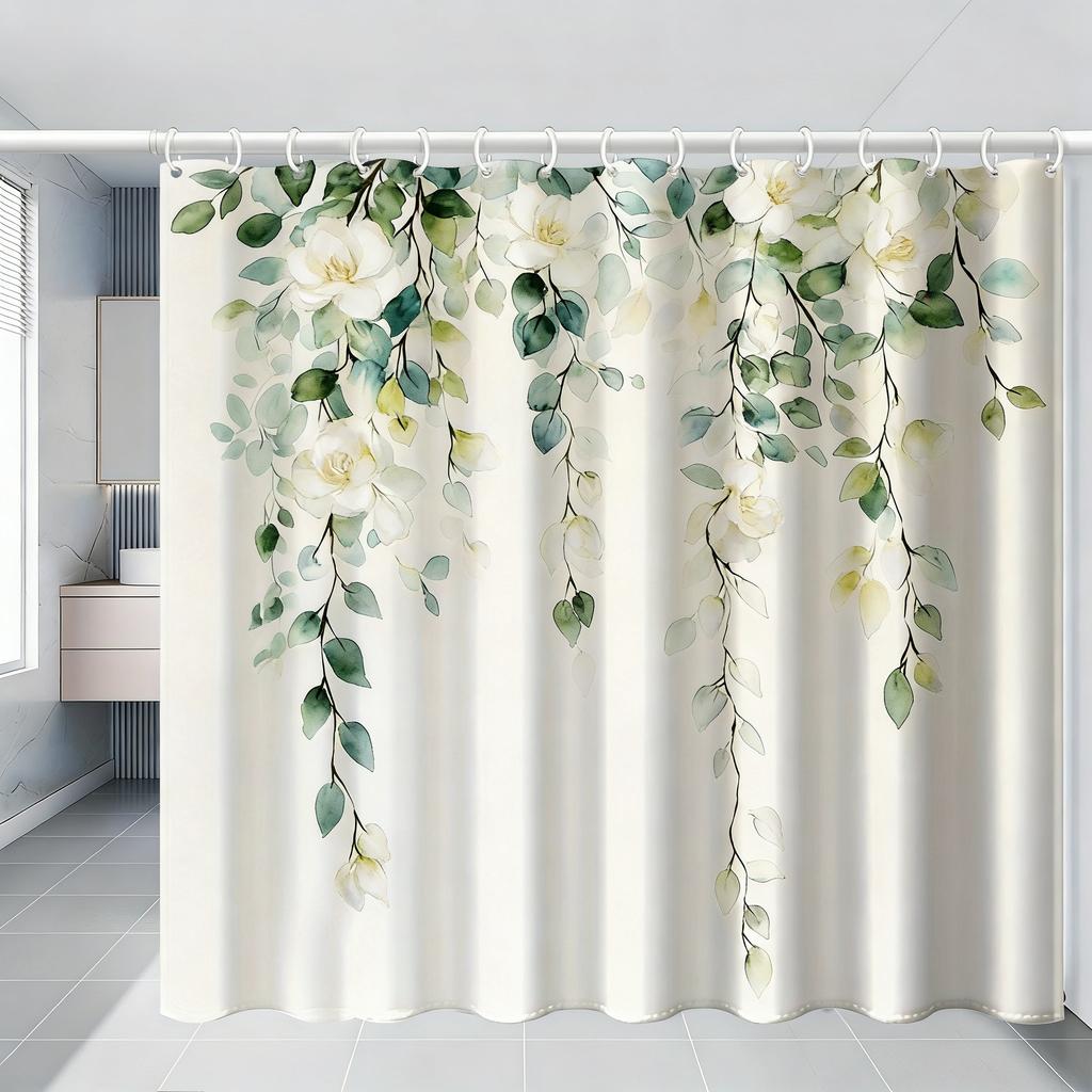 Watercolor Green Hanging Leaves Waterproof Shower Curtain For Bathroom Decor