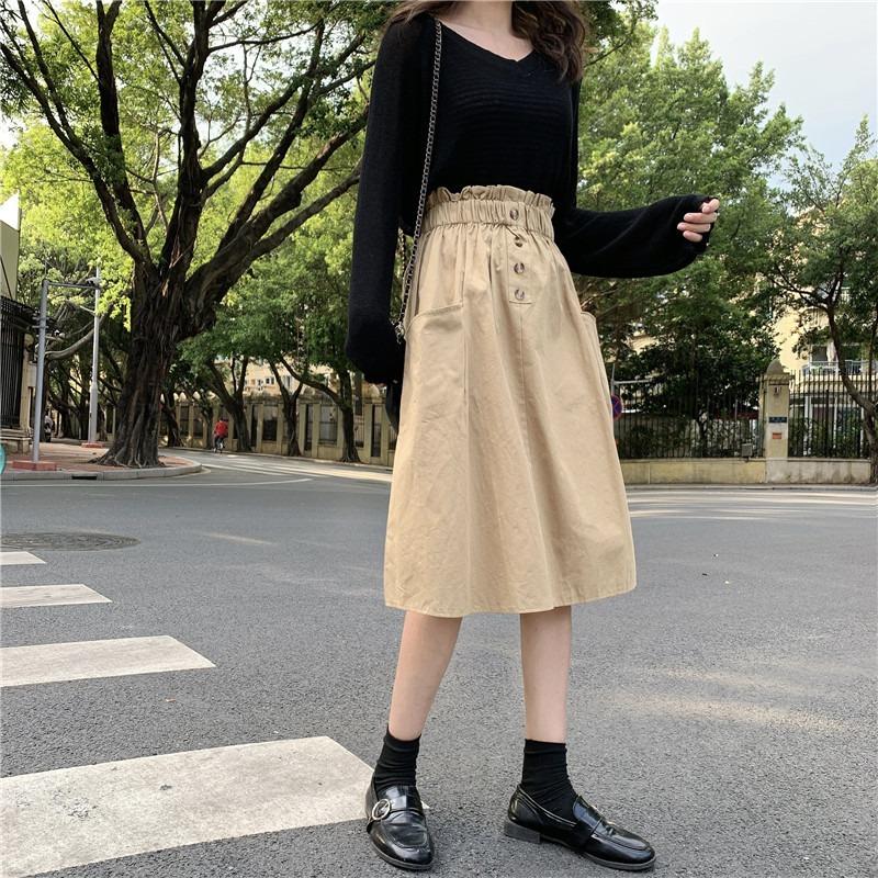 Summer High Waist Slimming Solid Color Pocket Skirt All-match Loose Waist Casual Mid-length Skirt for Women