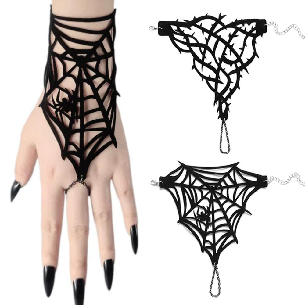 Adjustable Gothic Bracelet Double-sided Velvet Spider Web Bangle Black Thorn Bracelet Halloween