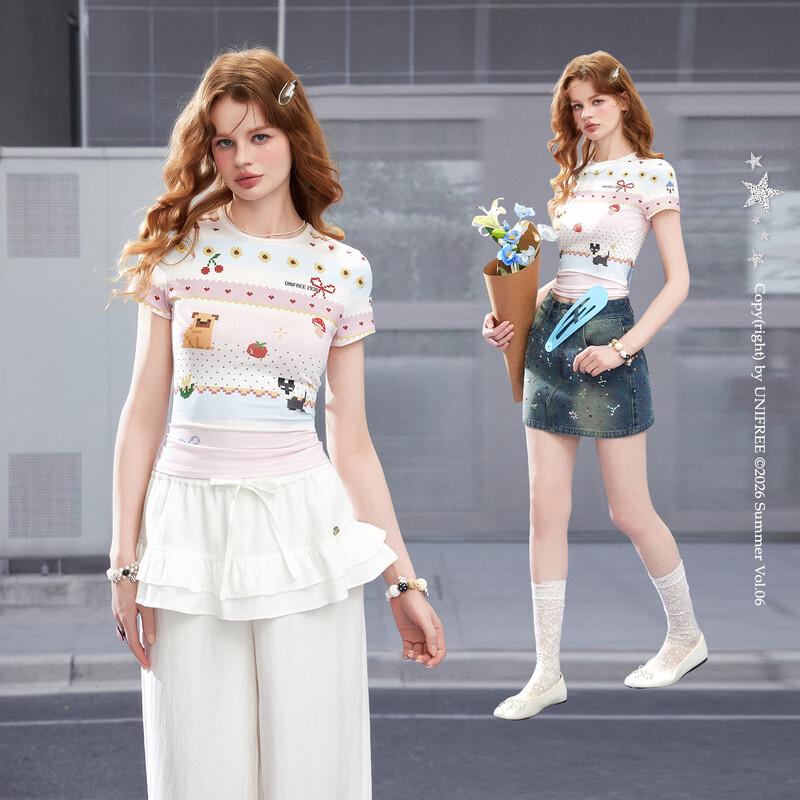 UNIFREE 2026 Summer Pixel Print Striped T-Shirt