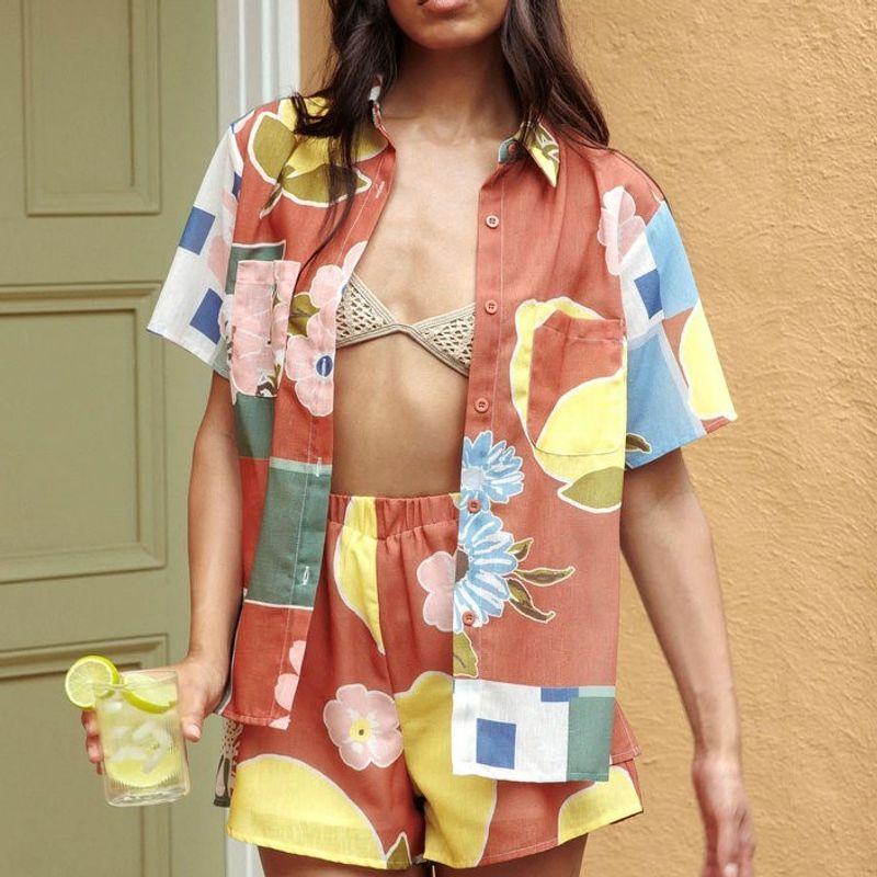 

Elegant European and American Personalized Summer New Arrival Short Sleeve Loose Shirt Top Casual Elastic Waist Shorts Printing Suit Red XXL