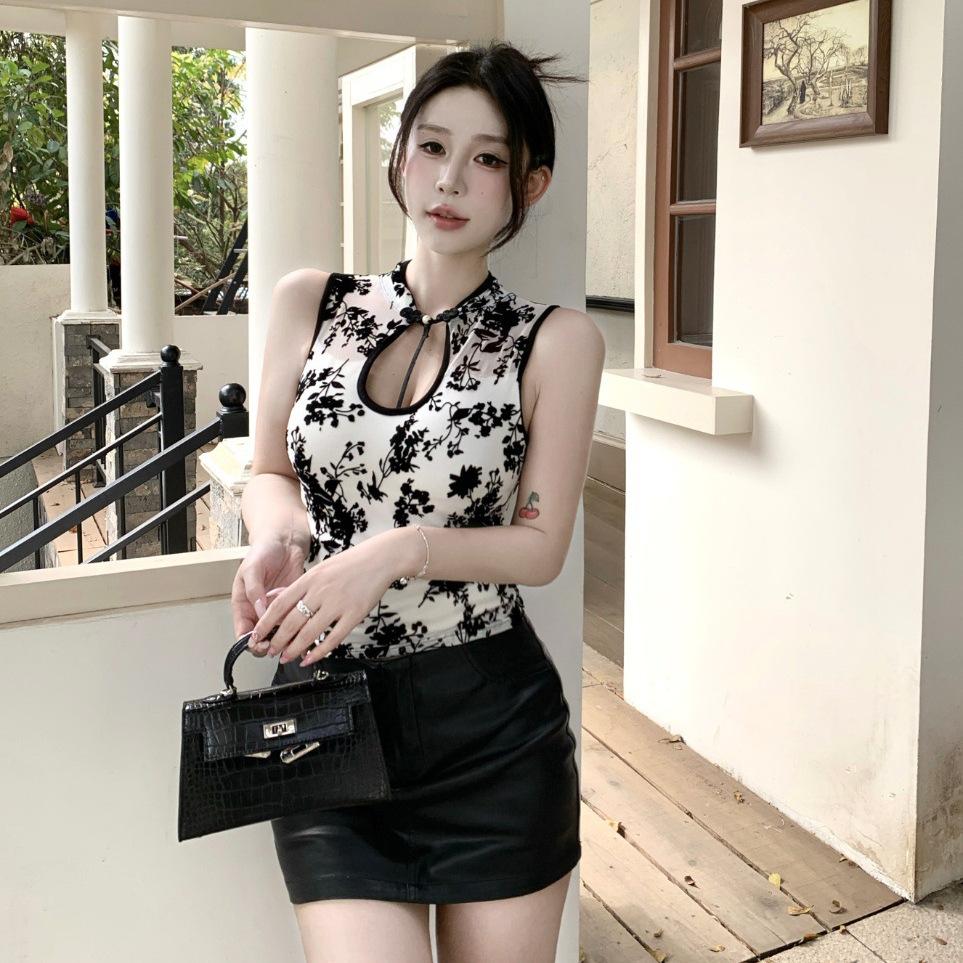 #Summer New Chinese Style Wind Mesh Yarn Flocking Three-dimensional Floating Flower Hollow Vest Female Slim Fixing Belt Chest Pad