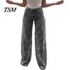 Jeans Versatili da Donna Patchwork di Pizzo da Donna Borsa Casual Ampia Gamba Dritta Larga Spandex per Pantaloni in Denim Vita Media Floreale Traforato Flessibile