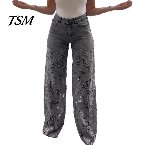 Jeans Versatili da Donna Patchwork di Pizzo da Donna Borsa Casual Ampia Gamba Dritta Larga Spandex per Pantaloni in Denim Vita Media Floreale Traforato Flessibile