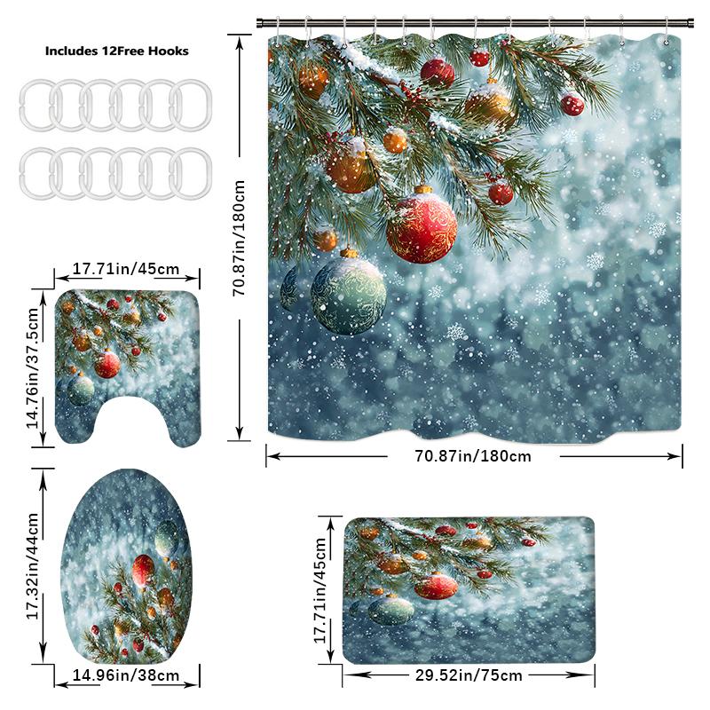 4 buc Seturi Perdea de Duș Cu Perdea de Duș și Covoare Covor Capac Toaletă Covoraș în Formă de U și Covoraș de Baie Set Baie Cu 12 Cârlige