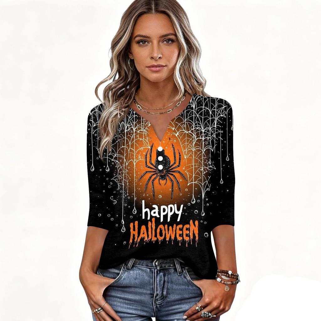 Women Casual Halloween Print V Neck Button Detail Three Quarter Sleeve T Shirt Top Suitable for Seasonal Wear and Everyday Use