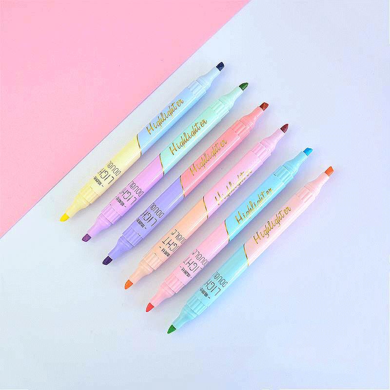 6 PCS Double Tip Highlighter Pens Kawaii Candy Color Manga Markers DIY Journal Pastel Highlighter Set Korean Stationery