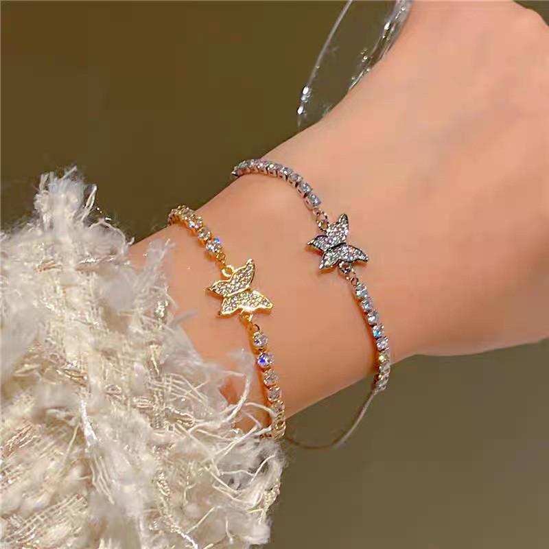 Butterfly Charm Bracelet With Zirconia Crystals 18K Gold Plated Titanium Steel Elegant Daily Wear Jewelry