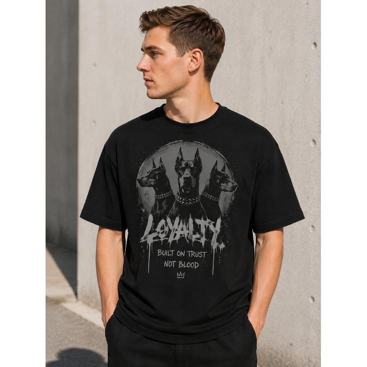 men s black cotton t-shirt with doberman graphic print, crew neck short sleeve casual tee featuring loyalty quote design for everyday wear S