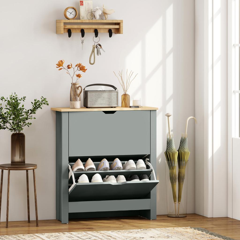 Shoe Cabinet with 2 Flip-Down Compartments, Adjustable Divider for 8-12 Pairs of Shoes, 72 X 26 X 80 Cm, Light Grey