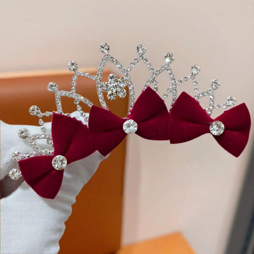 Children's Burgundy Rhinestone Crown Bow Hairpin for Princess Costume & Photo Shoots