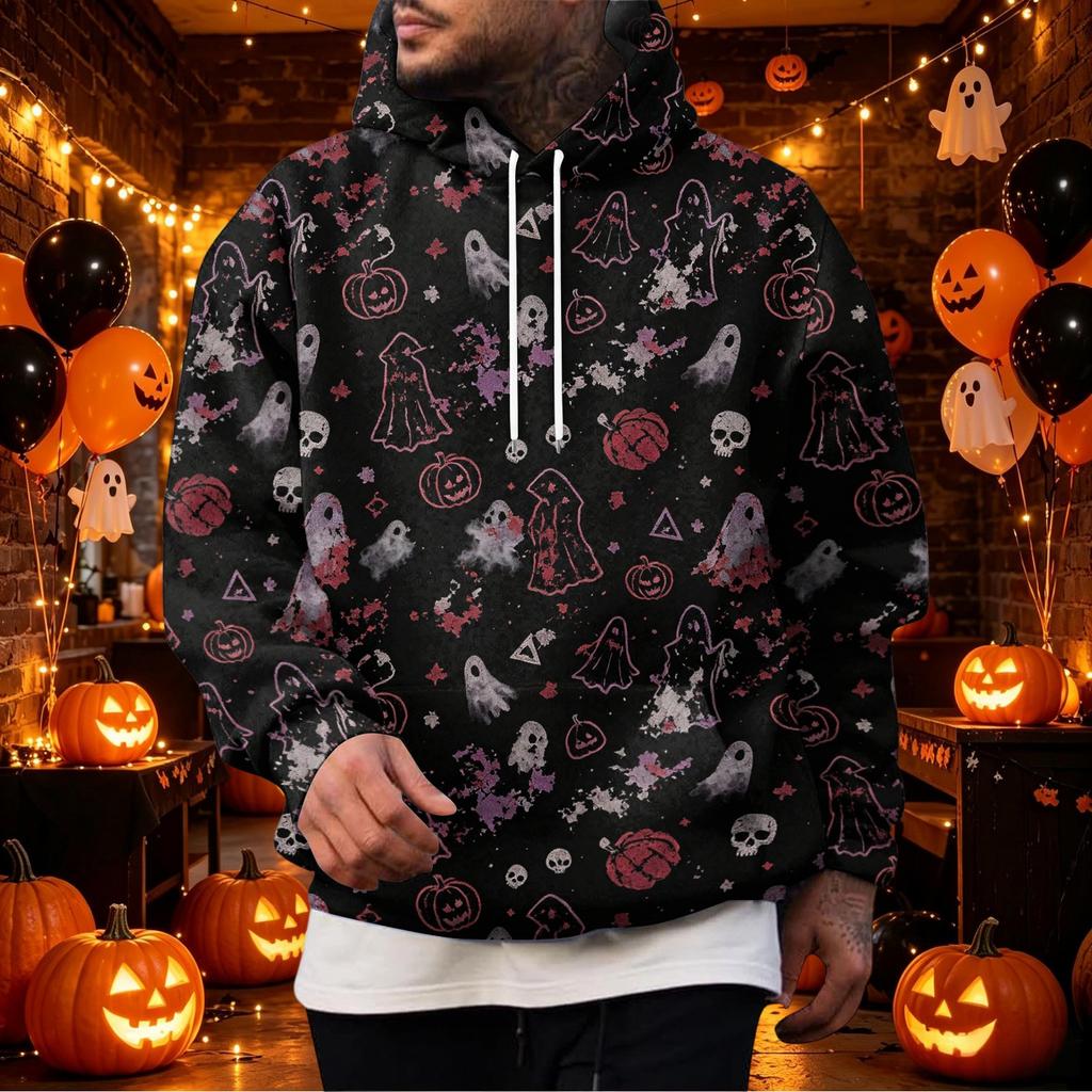 Men's Halloween Print Pullover Hoodie with Single Pocket for Holiday Celebration