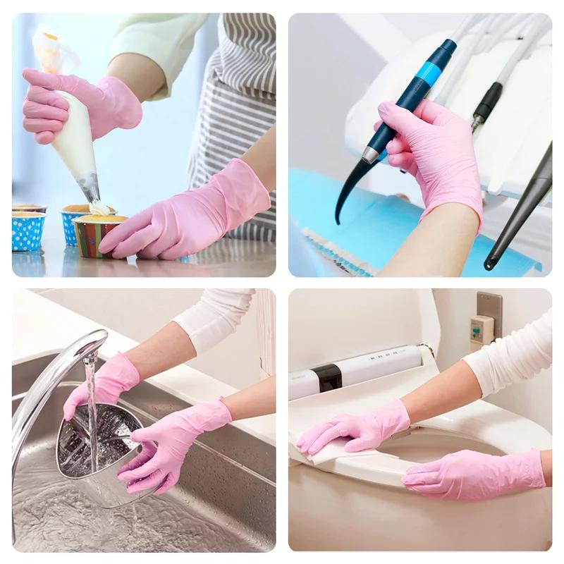 20/50/100PCS Pink Nitrile Gloves Disposable Non-Slip Gloves for Kitchen Household Cleaning Beauty Hair Salon Working Gloves