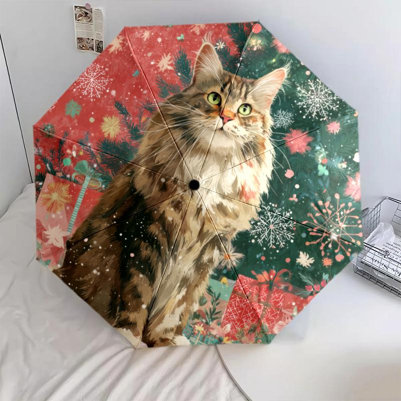 Weihnachtskatze, automatischer Regenschirm, tragbares und faltbares Design, 8 Schirmstäbe, ein Weihnachts- oder Geburtstagsgeschenk.