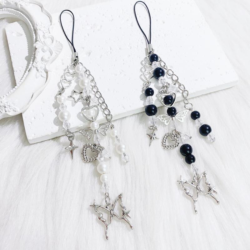 Simple Phone Charm Strap Y2K Keychain Butterfly Heart Shape Pendant Beaded Keychain Jewelry Keyring Lanyard String