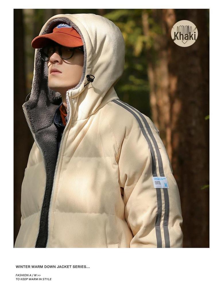 Men's 2025 American Style White Duck Down Striped Winter Jacket - New Style Plus Velvet Thickened Warm Casual Outerwear