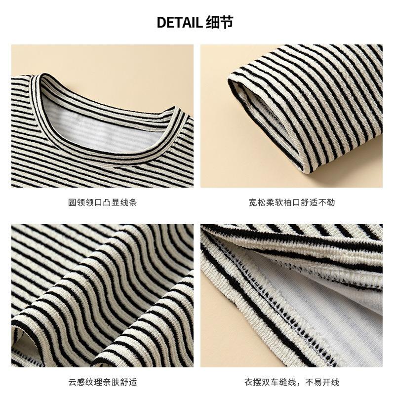 2 Crew Neck Striped Bottom Shirt Women's Autumn and Winter Lazy Wind Loose and Skinny Versatile Shirt Long Sleeve Top