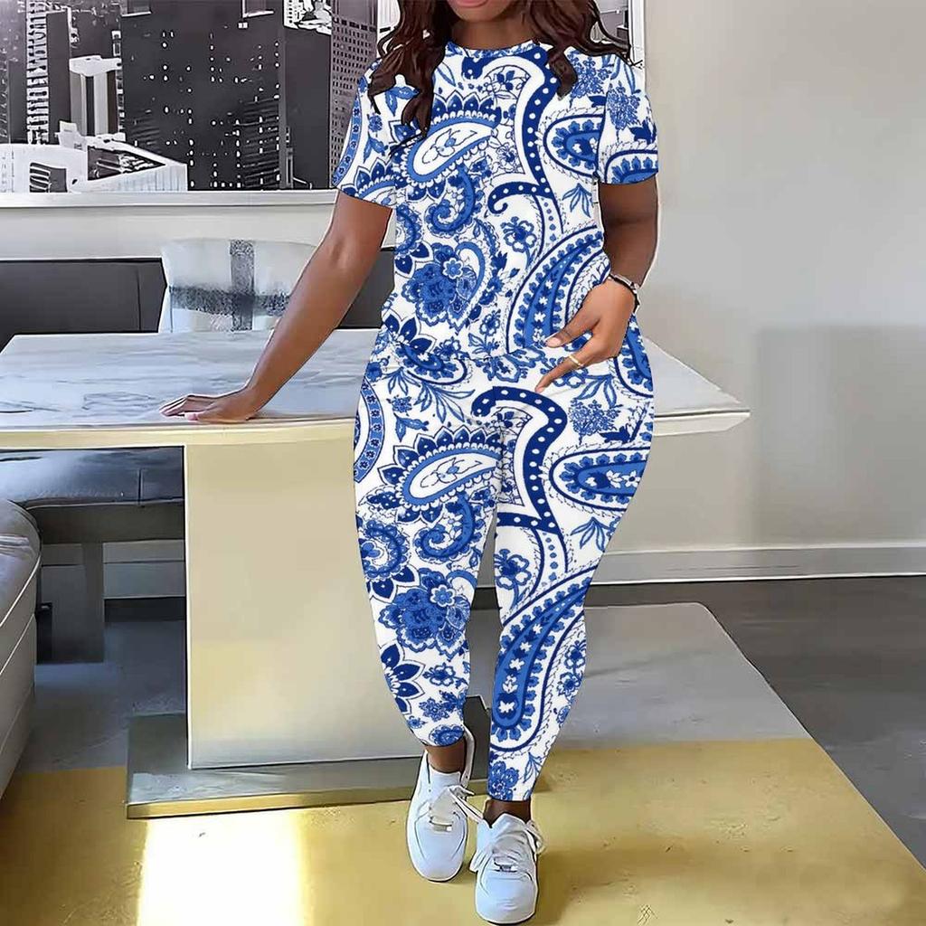 Women Plus Size Brown Printed Two Piece Set Round Neck Short Sleeve Top Long Pants