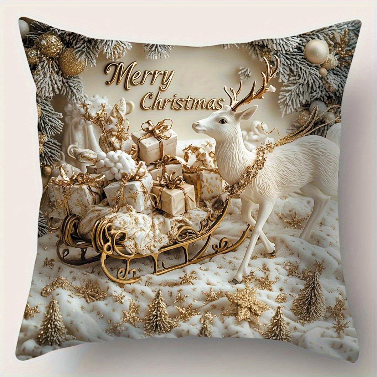 

Золотые украшения на рождественскую тематику!Снежное дерево, снеговик, наволочка с оленем Новогоднее украшение для дома 2D плоская печать 16x16Inch