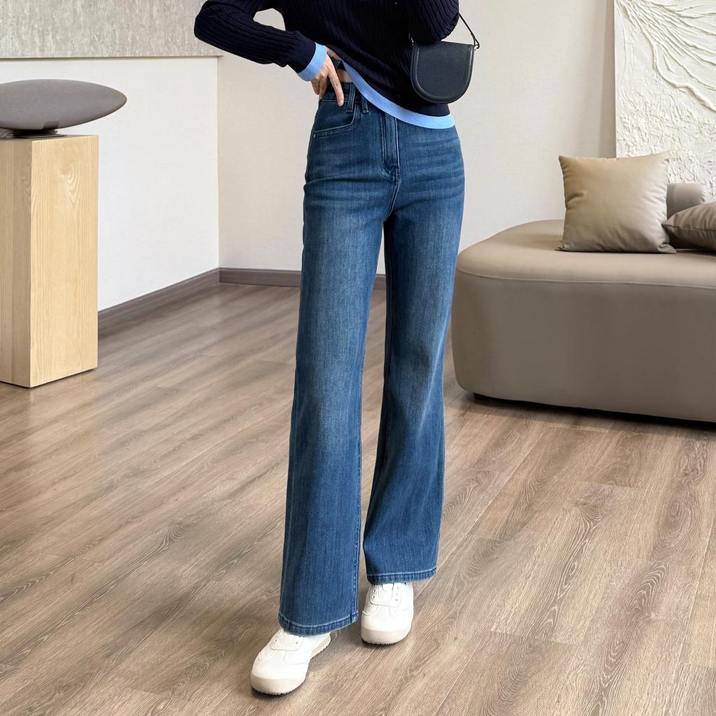 Women's High Rise Narrow Wide Leg Jeans Medium Stretch Tencel Cotton Straight Leg Denim Pants Two Length Casual Autumn Long Jeans