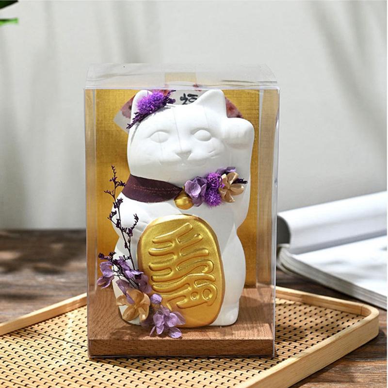 6 Inch Colorful Maneki Neko Ceramic Fortune Cat With Wooden Stand Preserved Flower Collective Lucky Cat Gift Decoration Ornament