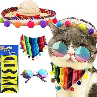 Haustierbedarf Verstellbarer Haustierhut Schal Mehrfarbig Mexikanischer Stil Hundebandanas mit Brille Gestreifter Haustier Dreiecksschal Party