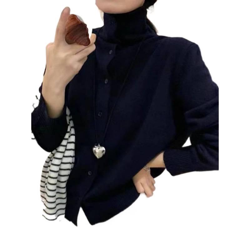 Women's High Neck Cashmere Cardigan - Autumn/Winter Korean Style, Solid Color, Warm & Versatile Wool Sweater