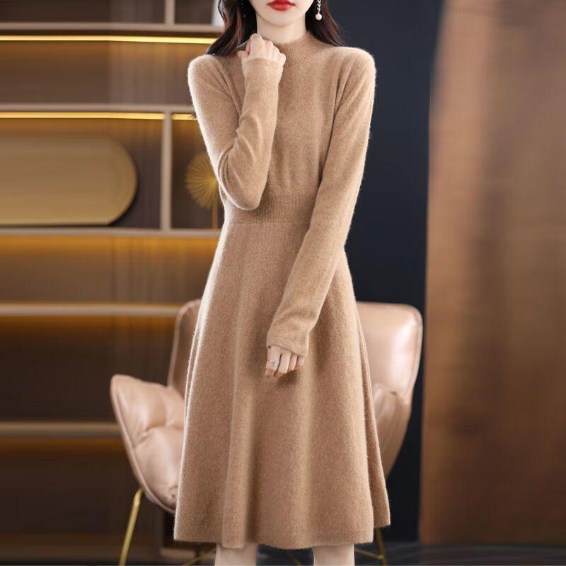Knee-length Sweater Dress Women's Half Turtleneck Knitted Long Dress Slimming Mid-length Knitted Sweater for Autumn and Winter
