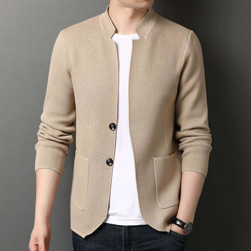 Cardigan Jacket Men Solid Color Knitted Casual Stand Collar Slim Fit Cardigan Coat Mens Sweater Jacket Khaki Black Gray 4XL
