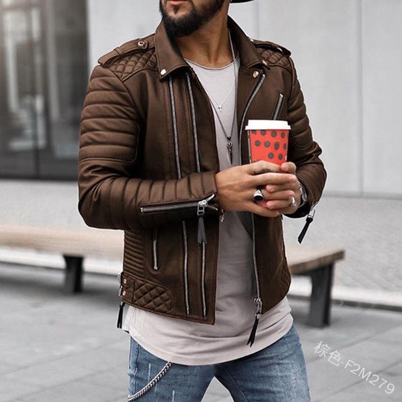 New autumn and winter men's route thickened lapel cotton clothes European and American zipper solid color leather jacket men
