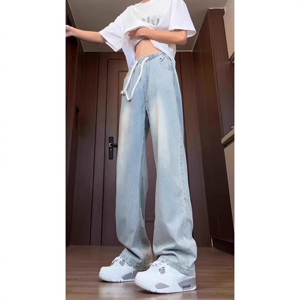 Light Blue Ice Silk Jeans Men's Thin Summer Straight Teen Pants Extended Tall Drawstring Wide-leg Pants