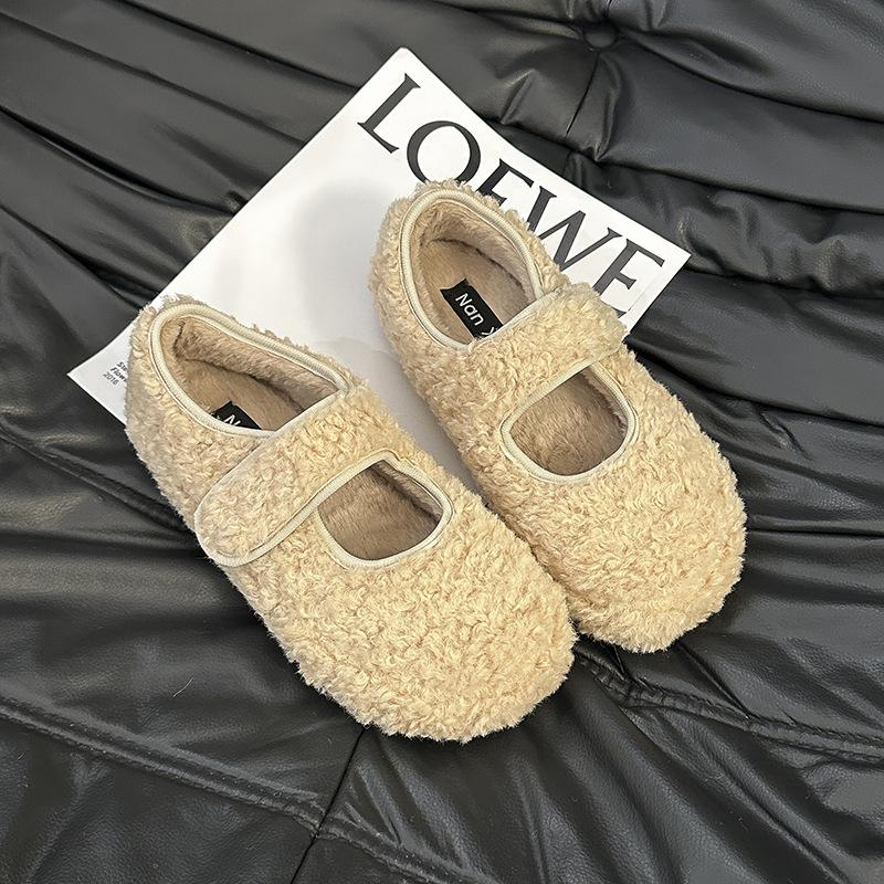 Leopard Print Mary Jane Fluffy Shoes Women's Winter 2025 New Ugly Cute Bread Cotton Shoes Velcro Flat Plush Single Shoes