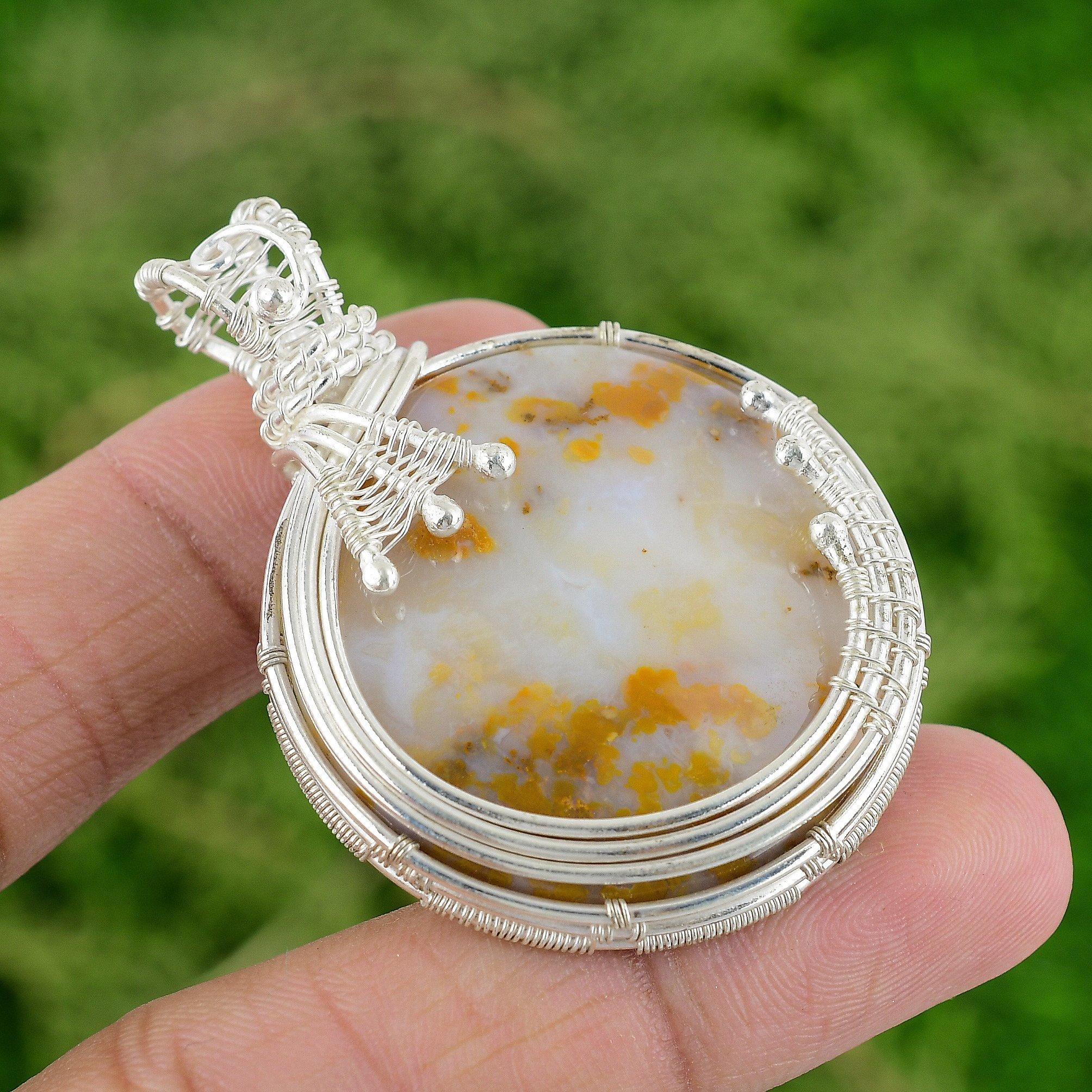 

Sterling Silver Natural Plume Agate Bezel Boho Wire Wrapped New Daughter Pendant