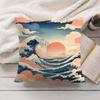 Blue Wave with Cherry Blossom Cushion Cover Silky Short Plush Invisible Zipper Dustproof Sofa Pillow Case for Home Decor