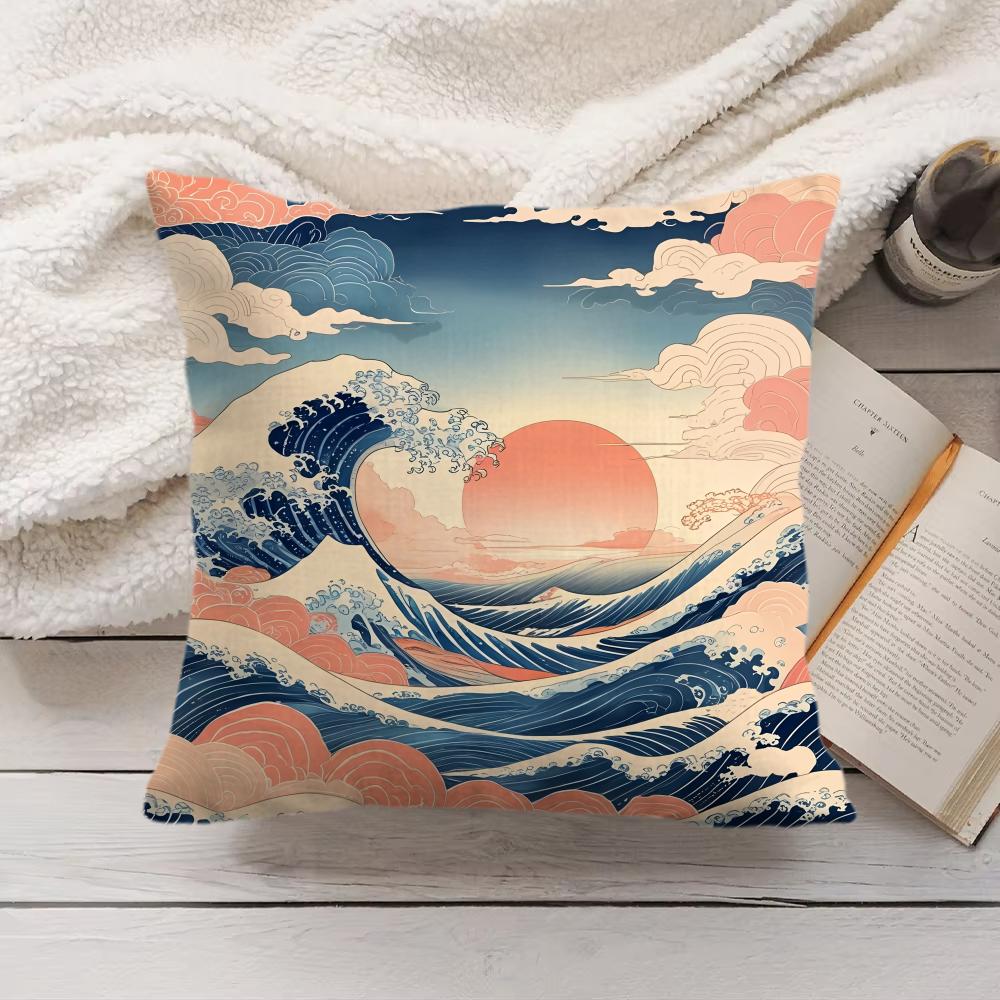 Blue Wave with Cherry Blossom Cushion Cover Silky Short Plush Invisible Zipper Dustproof Sofa Pillow Case for Home Decor