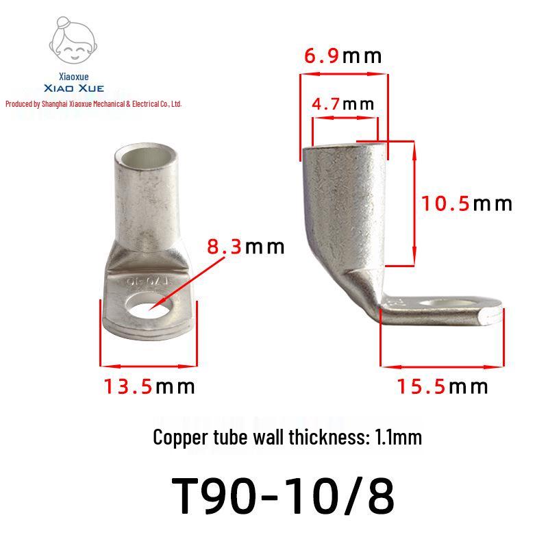 T90 Copper Tube Terminal, 90-Degree Right-Angle Bend Crimp Lug, T90-6/5 to T90-240/16 Copper Wire Lug