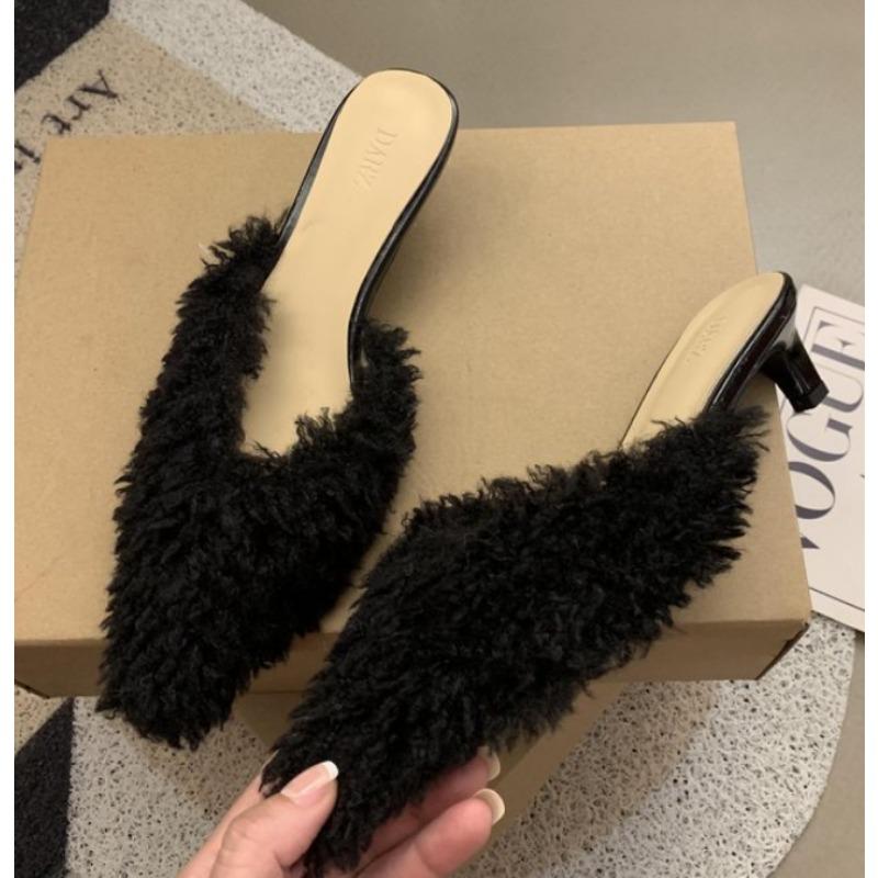 

Модные Роскошные Мюли на Каблуке-Рюмочке с Мехом Женские Розовые Сексуальные Тапочки Женские Остроносые Шпильки Плюшевые Сандалии Зимняя Вечерняя Обувь 40 чёрный