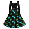 Women Vintage Long Sleeve Square Neck Halloween Printed Party Dress Retro Full Skirt Mid-Calf Length Elegant Fit and Flare Dress